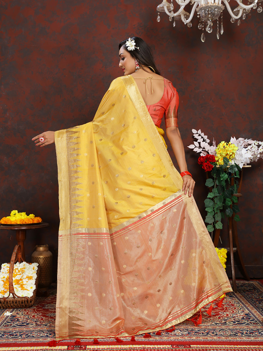 Lorenvalley Fashion Yellow Soft Katan Silk Woven Design Zari Weaving Pallu Saree