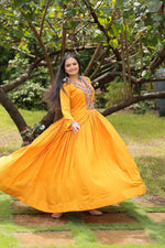 Thumbnail for Lorenvalley Yellow Rayon Fabric With Kutchi Gamthi Work Gown - Distacart