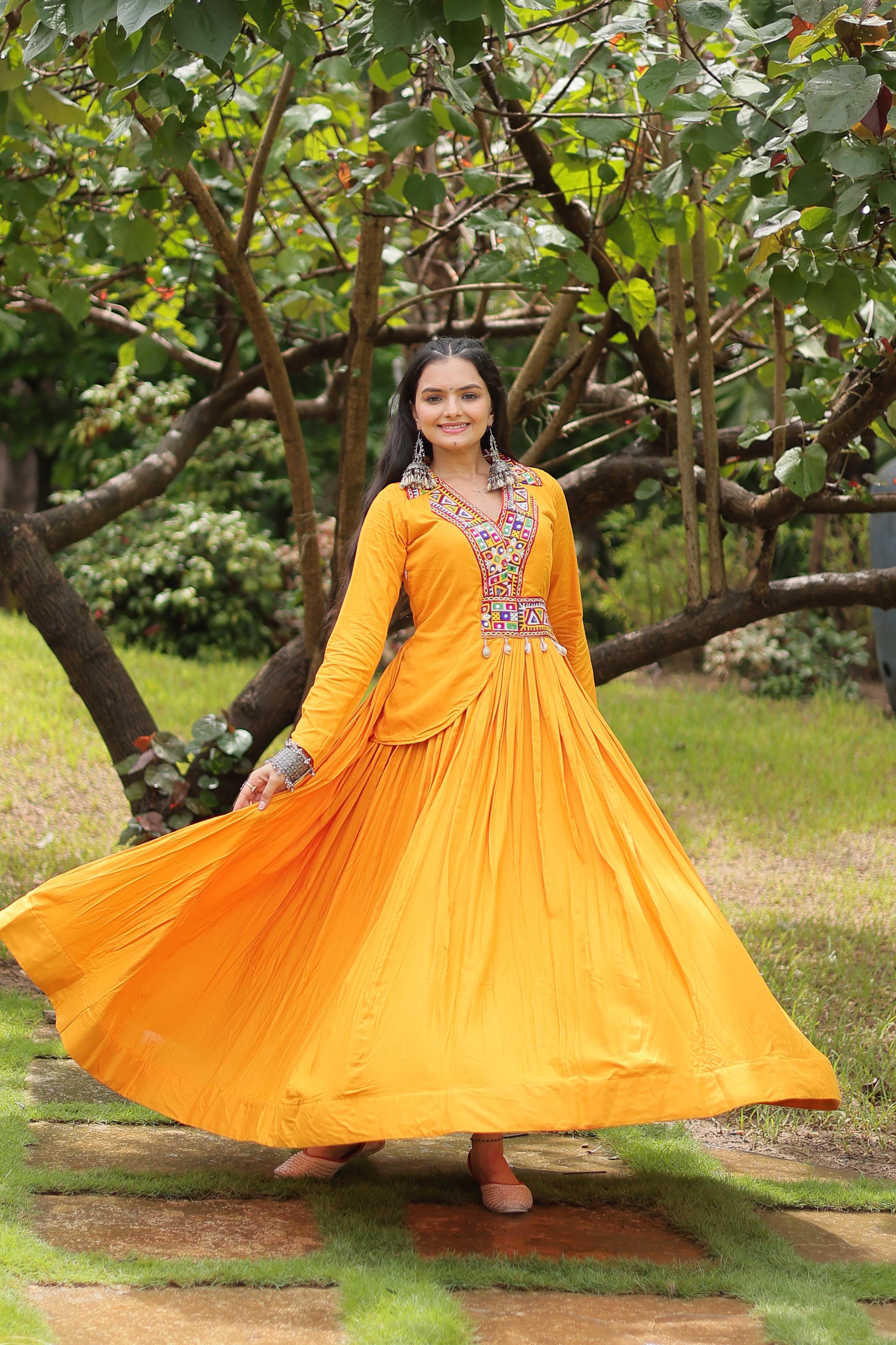 Lorenvalley Yellow Rayon Fabric With Kutchi Gamthi Work Gown - Distacart