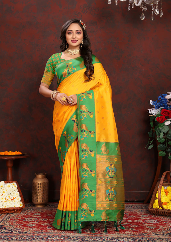 Lorenvalley Fashion Yellow Soft Paithani Silk Woven Design Rich Zari Meenakari Weaving Saree - Distacart
