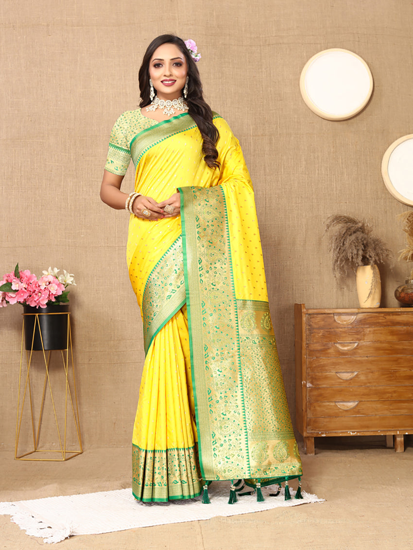 Lorenvalley Fashion Yellow Soft Silk weaving Design Rich Zari Weaving Saree