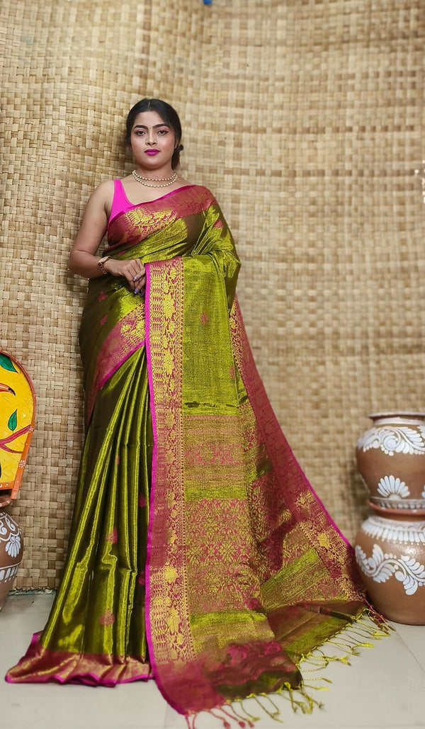 Exclusive Collection Olive Pink Beautiful Tissue Benarasi Saree