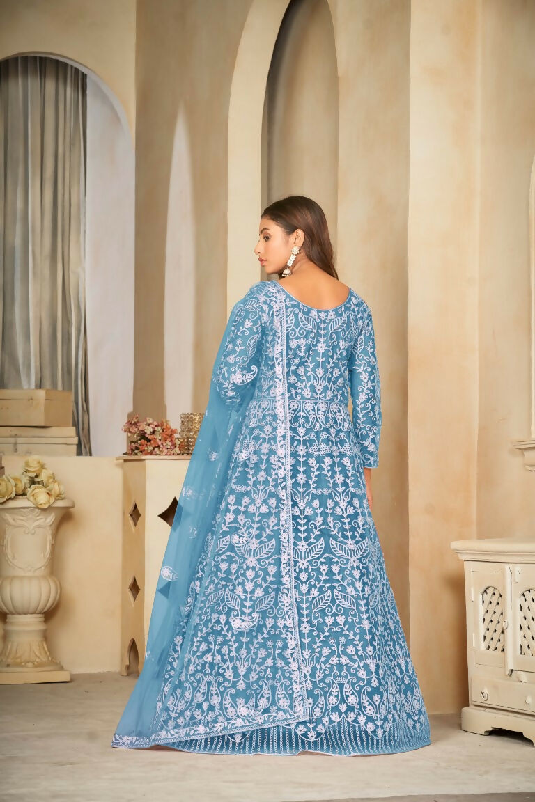 Jyoti Fashion Women's Sky Blue Net Embroidered Anarkali Kurta Pant Set With Dupatta