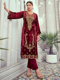 Thumbnail for Aastha Fashion Women's Maroon Velvet Cording with Digital Printed Kurta with Trouser & Dupatta - Distacart