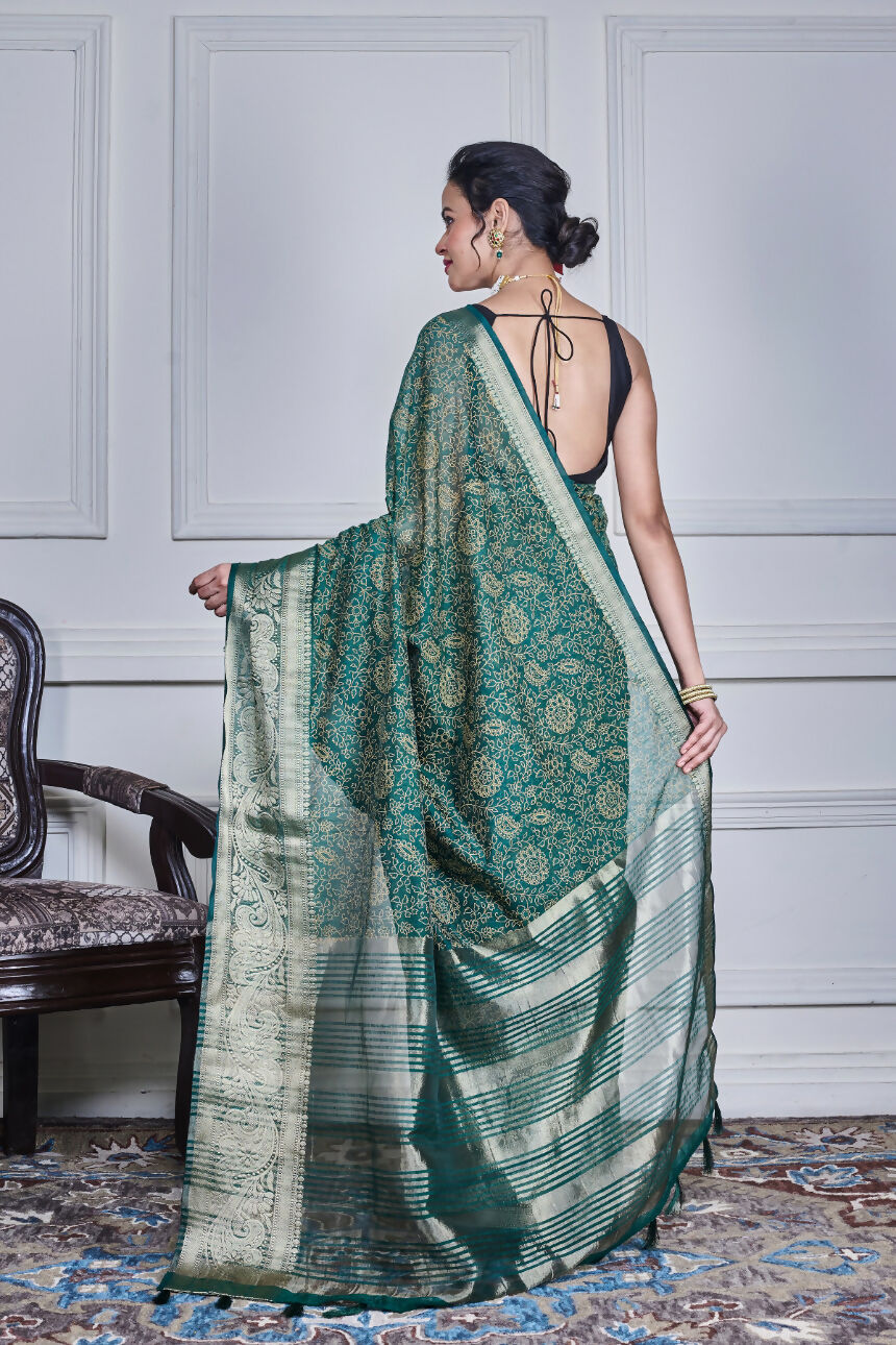 Morchari Green Script Printed Orzanga Saree Unstitched Blouse