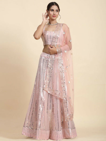 Aastha Fashion Women's Pink Faux Georgette Sequins With Jari And Thread Embroidery Work Lehenga Choli