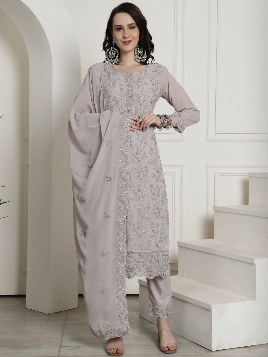 Aastha Fashion Women's Grey Georgette Floral Resham Thread with Cording & Crystal work Kurta with Trouser & Dupatta - Distacart