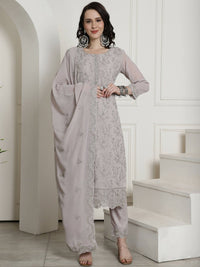 Thumbnail for Aastha Fashion Women's Grey Georgette Floral Resham Thread with Cording & Crystal work Kurta with Trouser & Dupatta - Distacart
