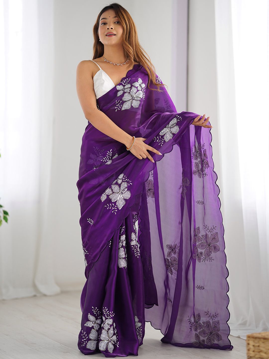 Mitera Floral Sequinned Silk Blend Designer Saree - Distacart
