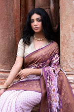 Thumbnail for Joban Fashion Dark And Light Lilac Crepe Chiffon Pure Handloom Banarasi Silk Saree