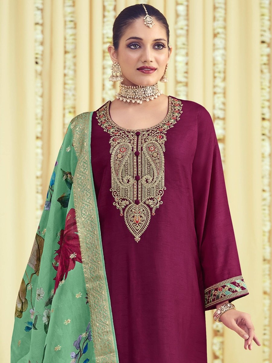 Aastha Fashion Women's Magenta Raw Silk Cording with Resham Thread work Kurta with Trouser & Dupatta - Distacart