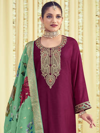 Thumbnail for Aastha Fashion Women's Magenta Raw Silk Cording with Resham Thread work Kurta with Trouser & Dupatta - Distacart