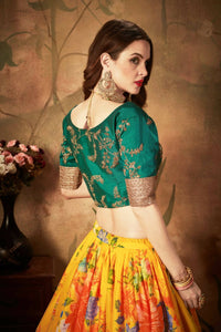 Thumbnail for Aastha Fashion Women's Yellow-Green Floral Digital Printed Organza Bridal Lehenga Choli - Distacart