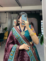Thumbnail for Vastranavya Traditional Ikkat Patola Print Tussar Silk Lehenga Choli - Teal - Distacart