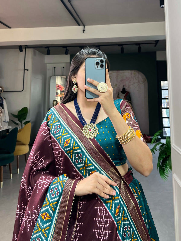Vastranavya Traditional Ikkat Patola Print Tussar Silk Lehenga Choli - Teal - Distacart