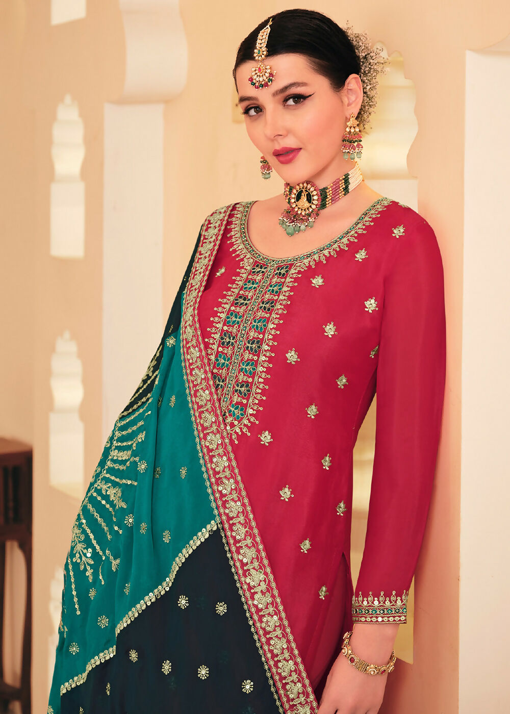 Dazzling Red Embroidered Chinnon Palazzo Salwar Kurta - Emponline - Distacart