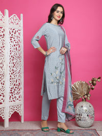 Thumbnail for Jyoti Fashion Women's Grey Muslin Floral Print with Jari & Crystal work Kurta with Trouser & Dupatta