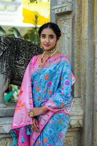Thumbnail for Aastha Fashion Turquoise Woven Kanjivaram Silk Saree with Blouse - Distacart