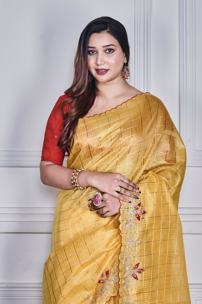 Morchari Yellow Kota Check Zari Embroidery Saree Unstitched Blouse