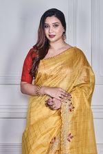 Thumbnail for Morchari Yellow Kota Check Zari Embroidery Saree Unstitched Blouse