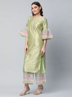 Thumbnail for Ahalyaa Women's Light Green Poly Silk Gold Printed Kurta Palazzo Set - Distacart
