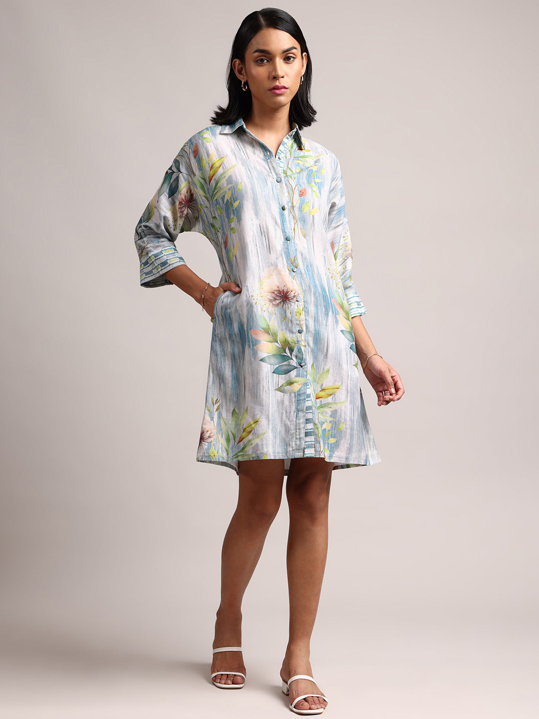 Zaccai Women's Blue Linen Floral Dress