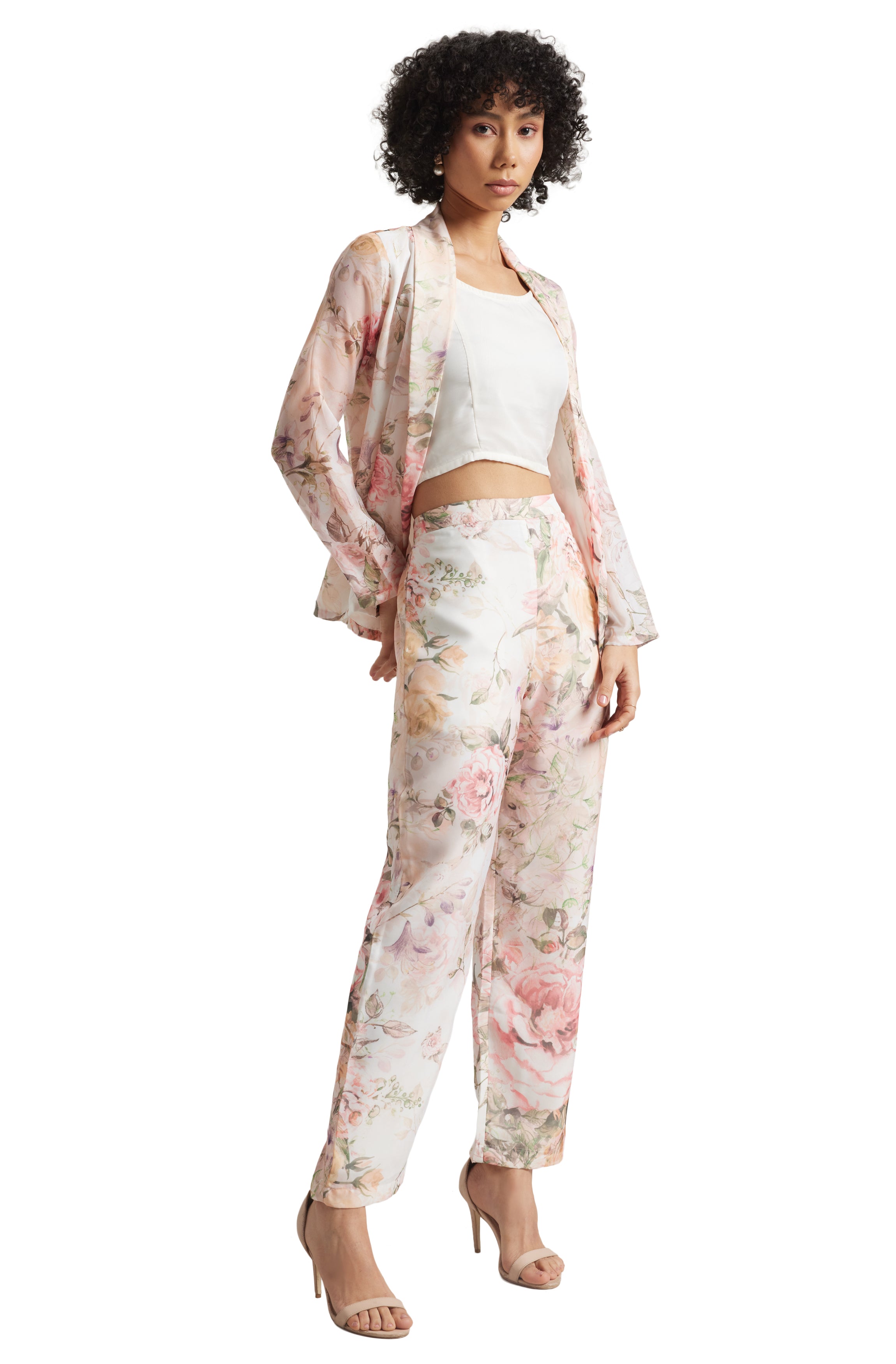 Zaccai Women's Beige Organza Floral Co-ord Set - Distacart