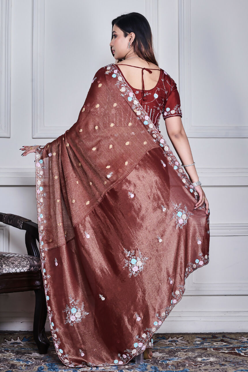 Morchari Brown Pure Chiffon Hand Embroidery Saree And Stitched Blouse