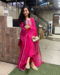 Thumbnail for Lyush Women Party Wear Embroidery Worked Kurta With Pant And Dupatta Set - Pink