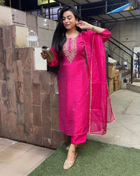 Thumbnail for Lyush Women Party Wear Embroidery Worked Kurta With Pant And Dupatta Set - Pink