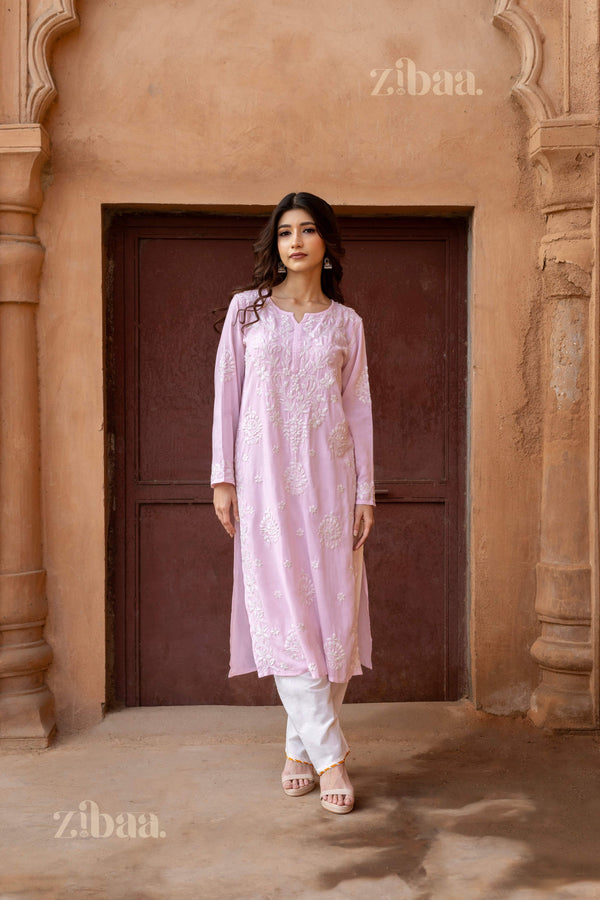 Zibaa Modal Blush Pink Long Chikankari Kurti