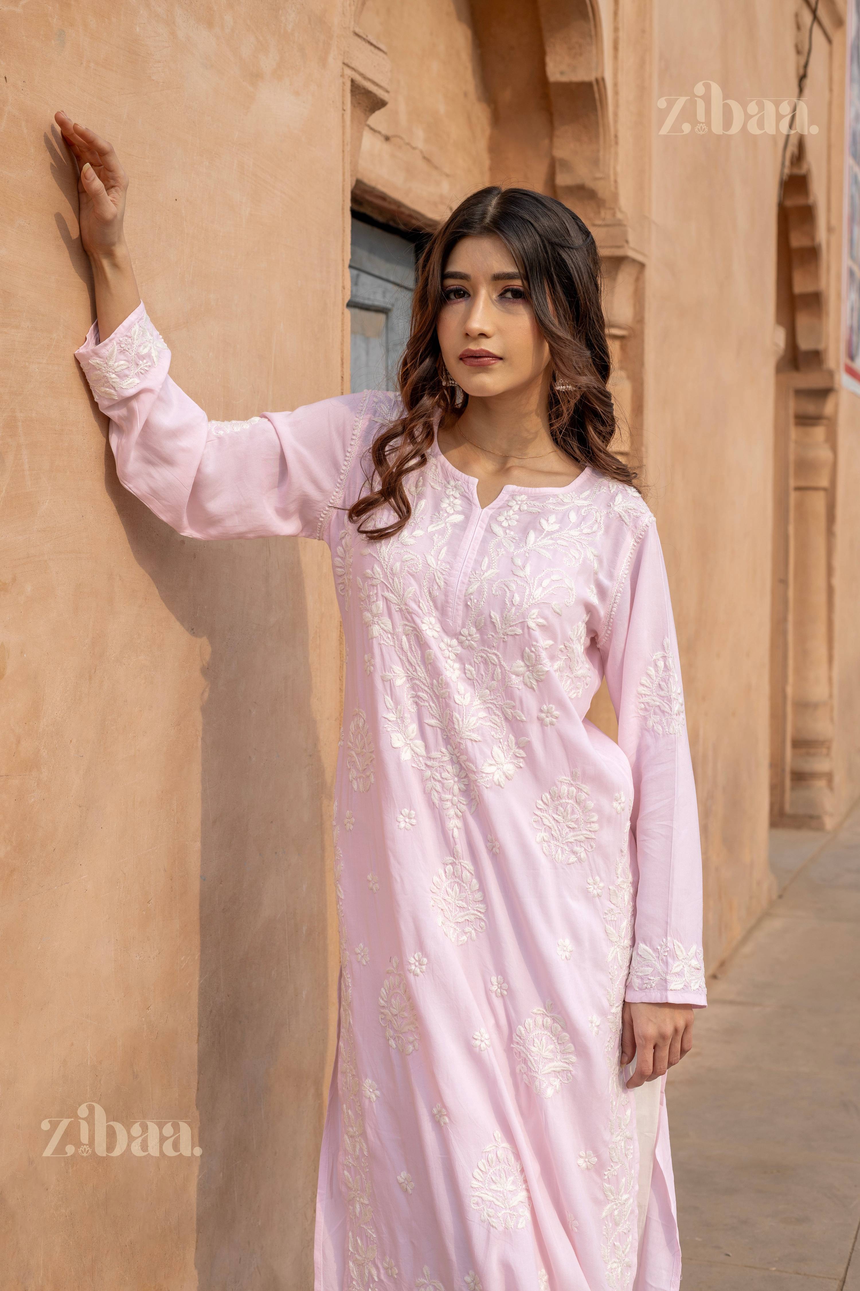 Zibaa Modal Blush Pink Long Chikankari Kurti