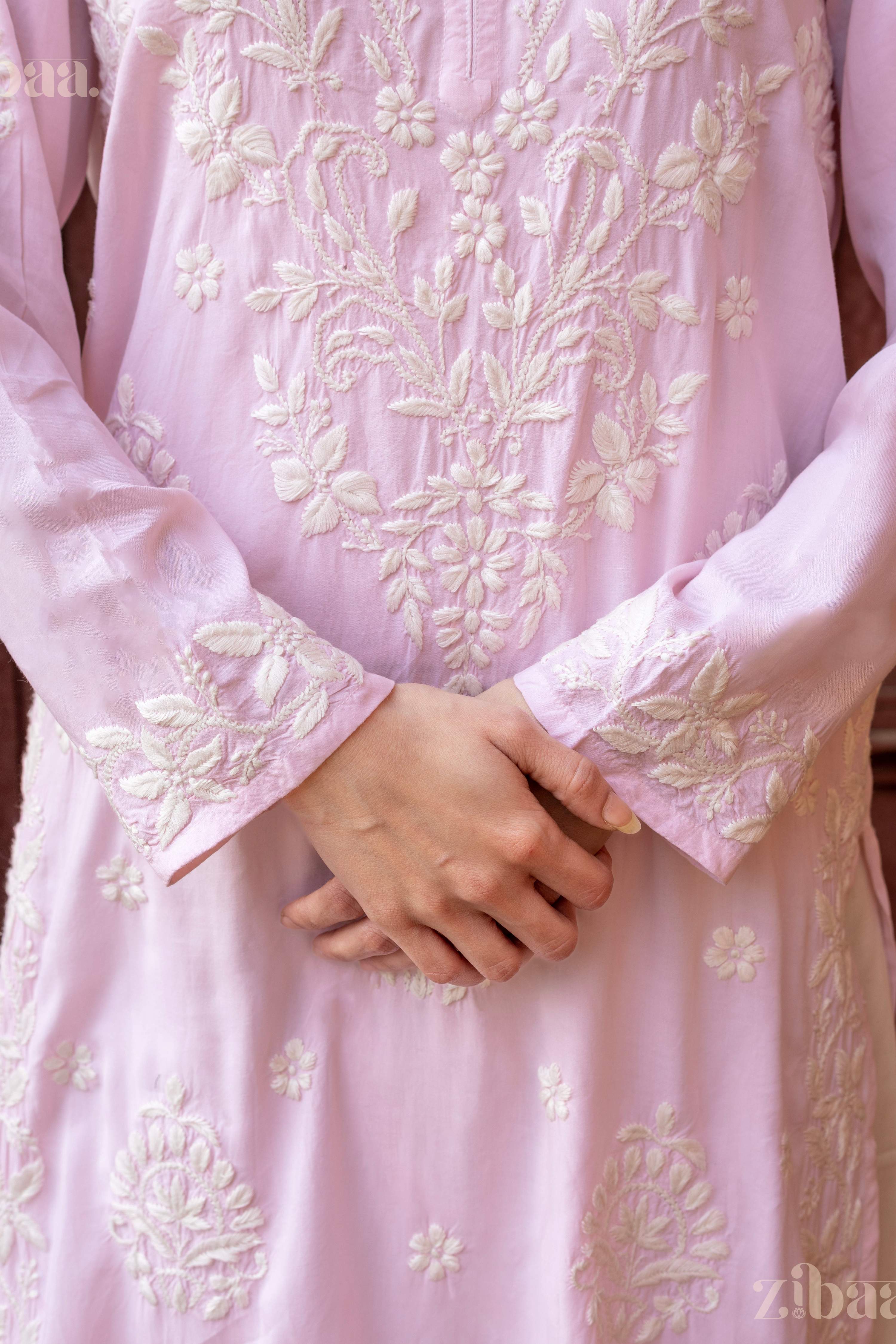 Zibaa Modal Blush Pink Long Chikankari Kurti