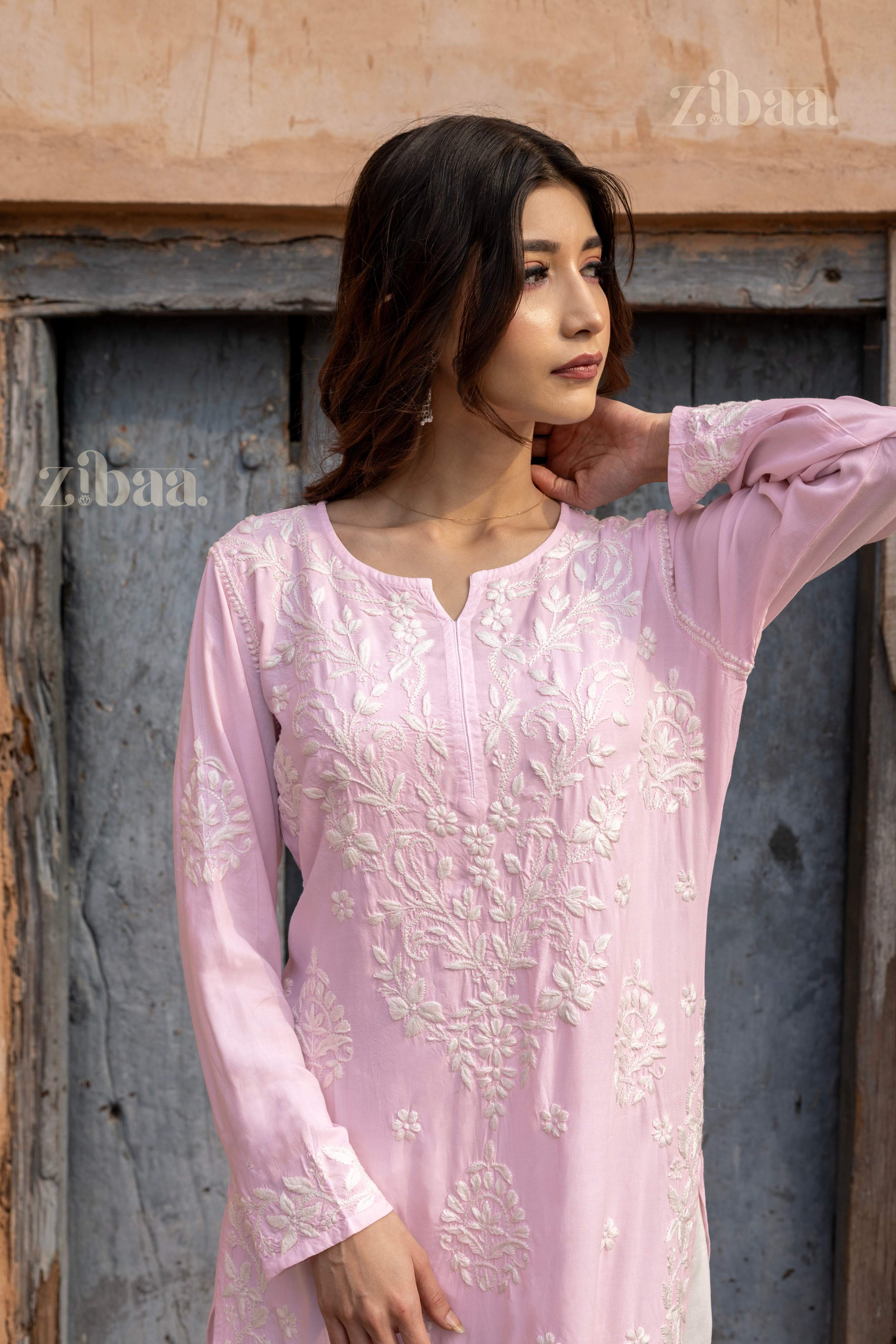 Zibaa Modal Blush Pink Long Chikankari Kurti