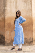 Thumbnail for Zibaa Modal Powder Blue Long Chikankari Kurti