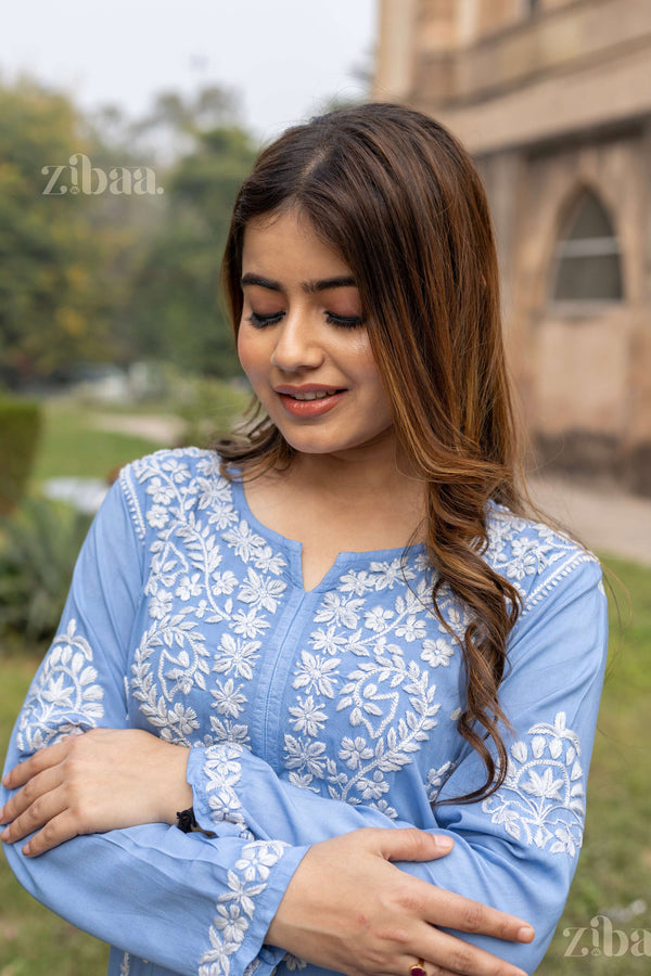 Zibaa Modal Powder Blue Long Chikankari Kurti