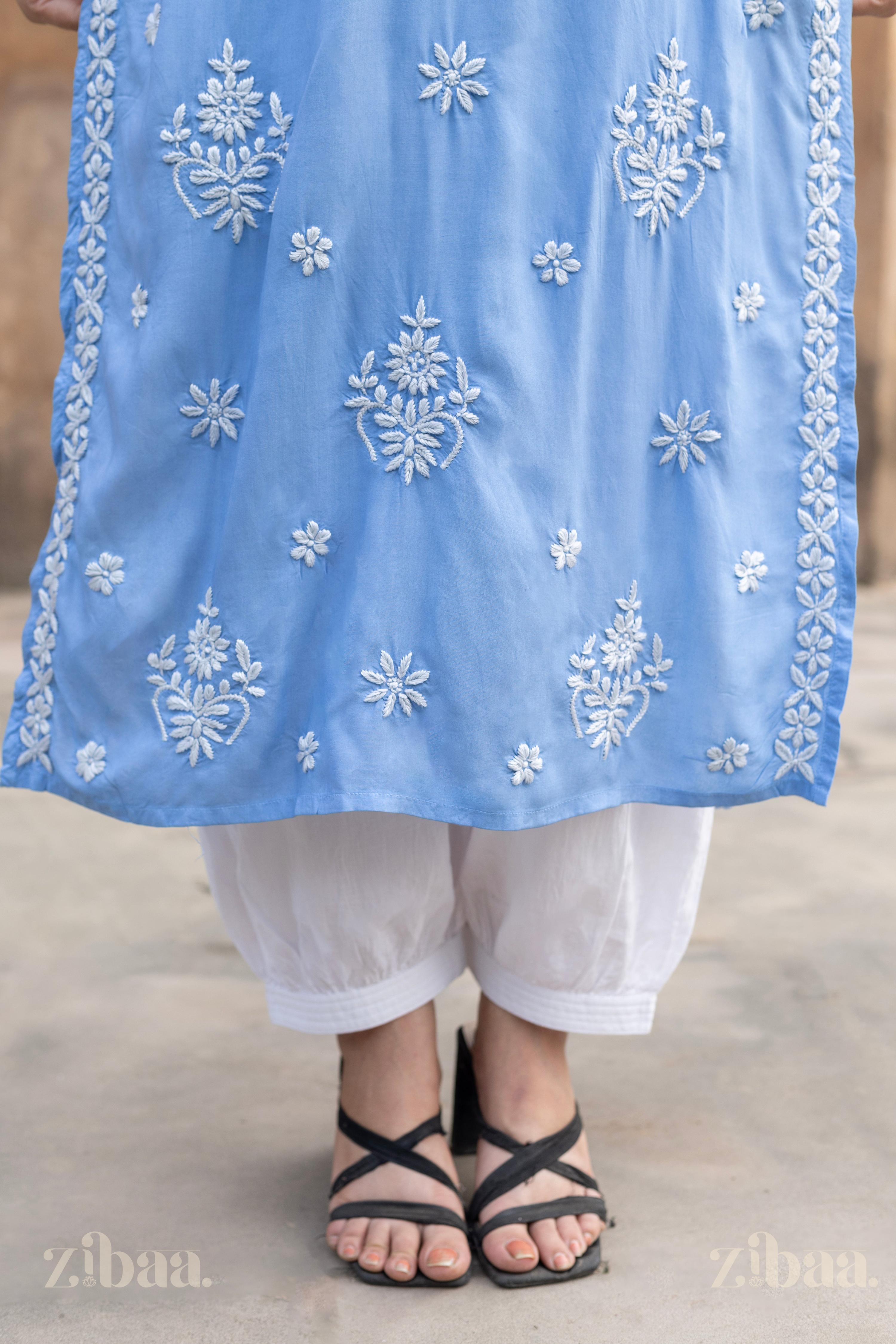 Zibaa Modal Powder Blue Long Chikankari Kurti