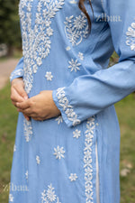 Thumbnail for Zibaa Modal Powder Blue Long Chikankari Kurti