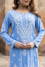 Thumbnail for Zibaa Modal Powder Blue Long Chikankari Kurti