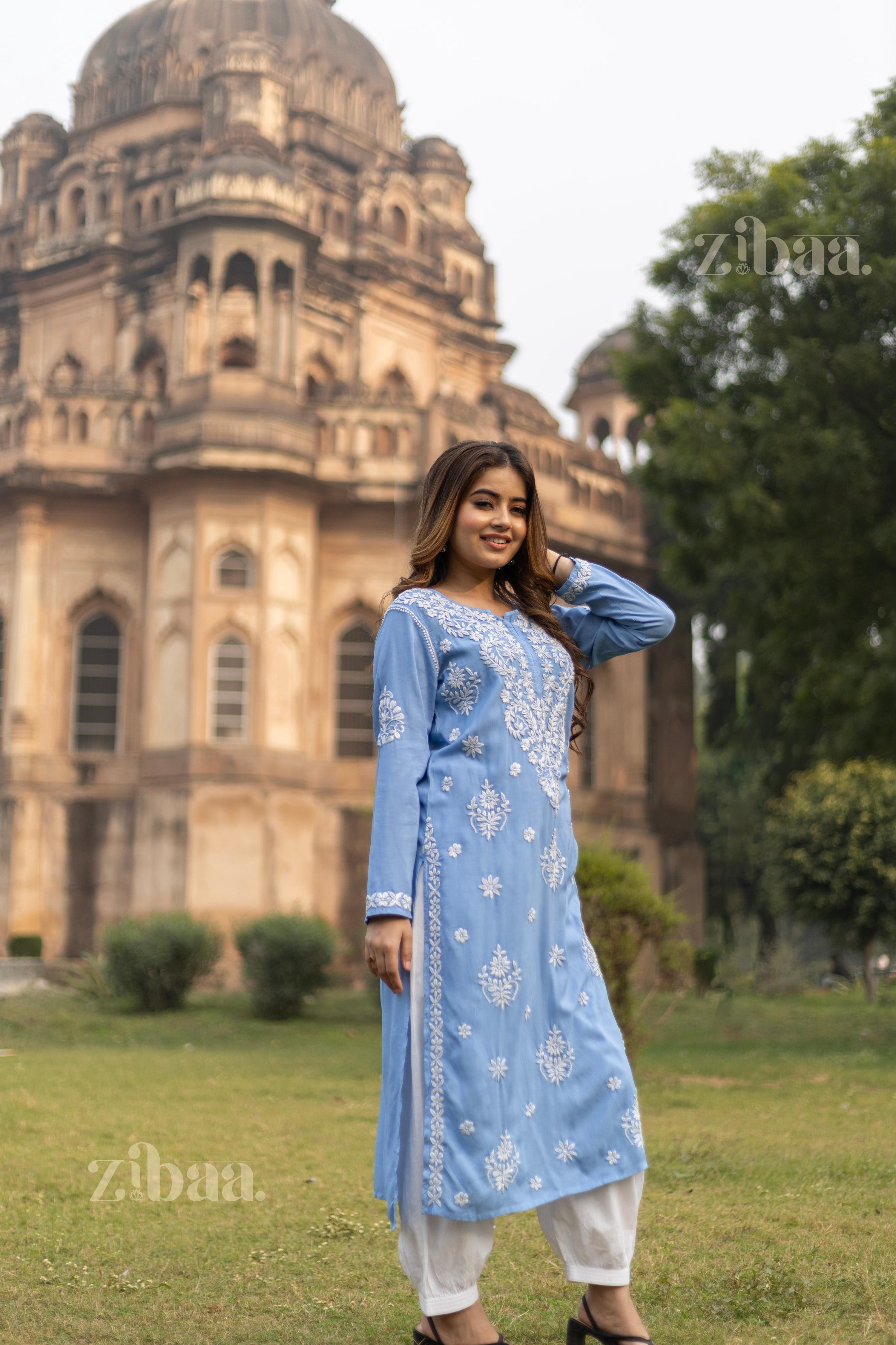 Zibaa Modal Powder Blue Long Chikankari Kurti