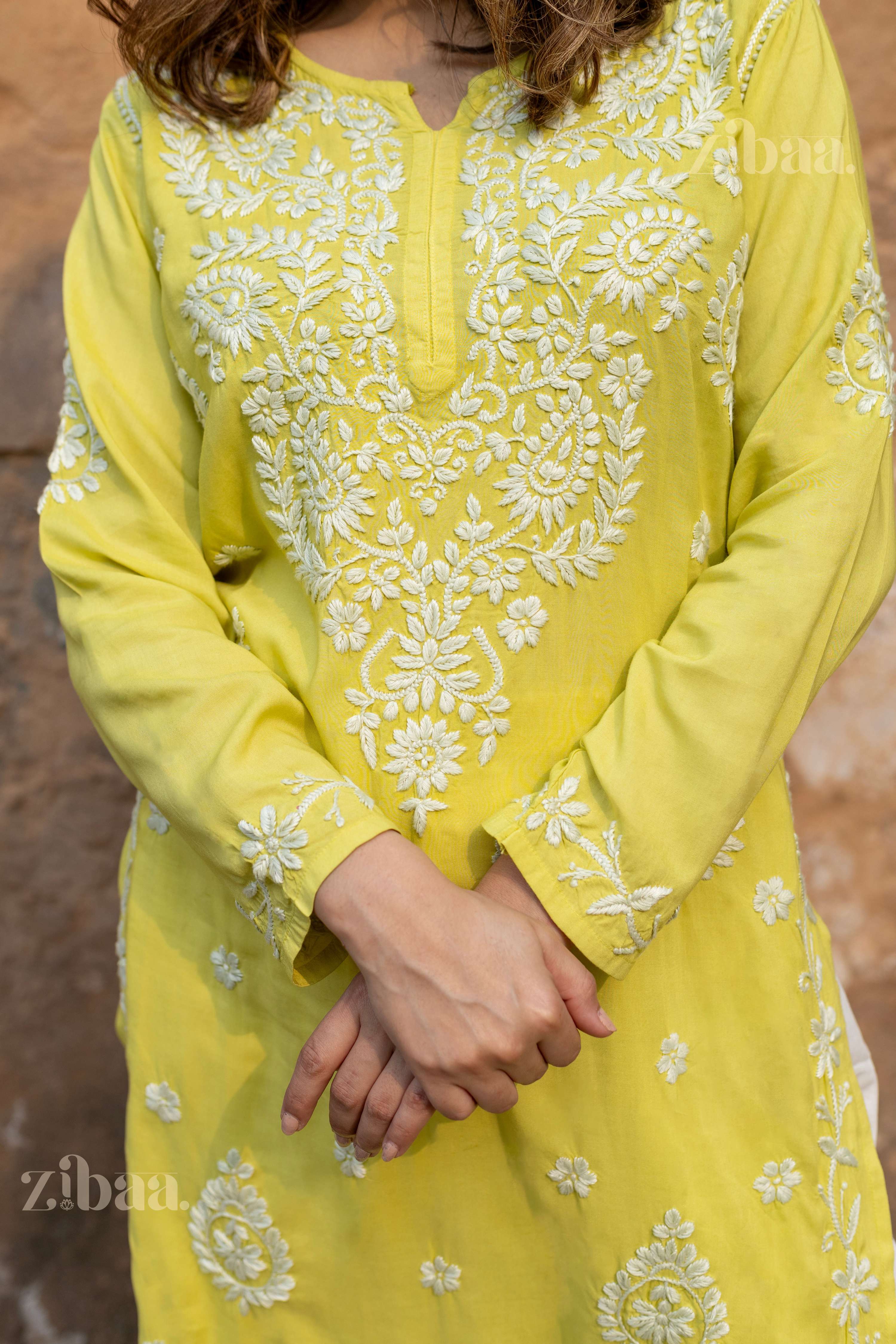 Zibaa Modal Olive Green Long Chikankari Kurti