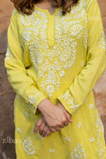 Thumbnail for Zibaa Modal Olive Green Long Chikankari Kurti