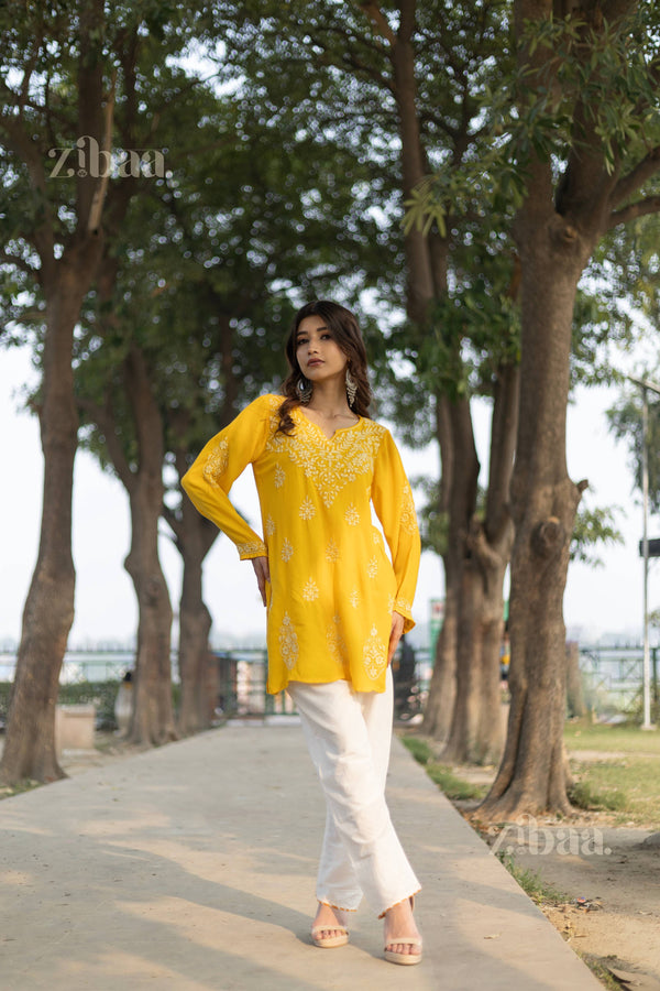 Zibaa Modal Mustard Yellow Short Chikankari Kurti