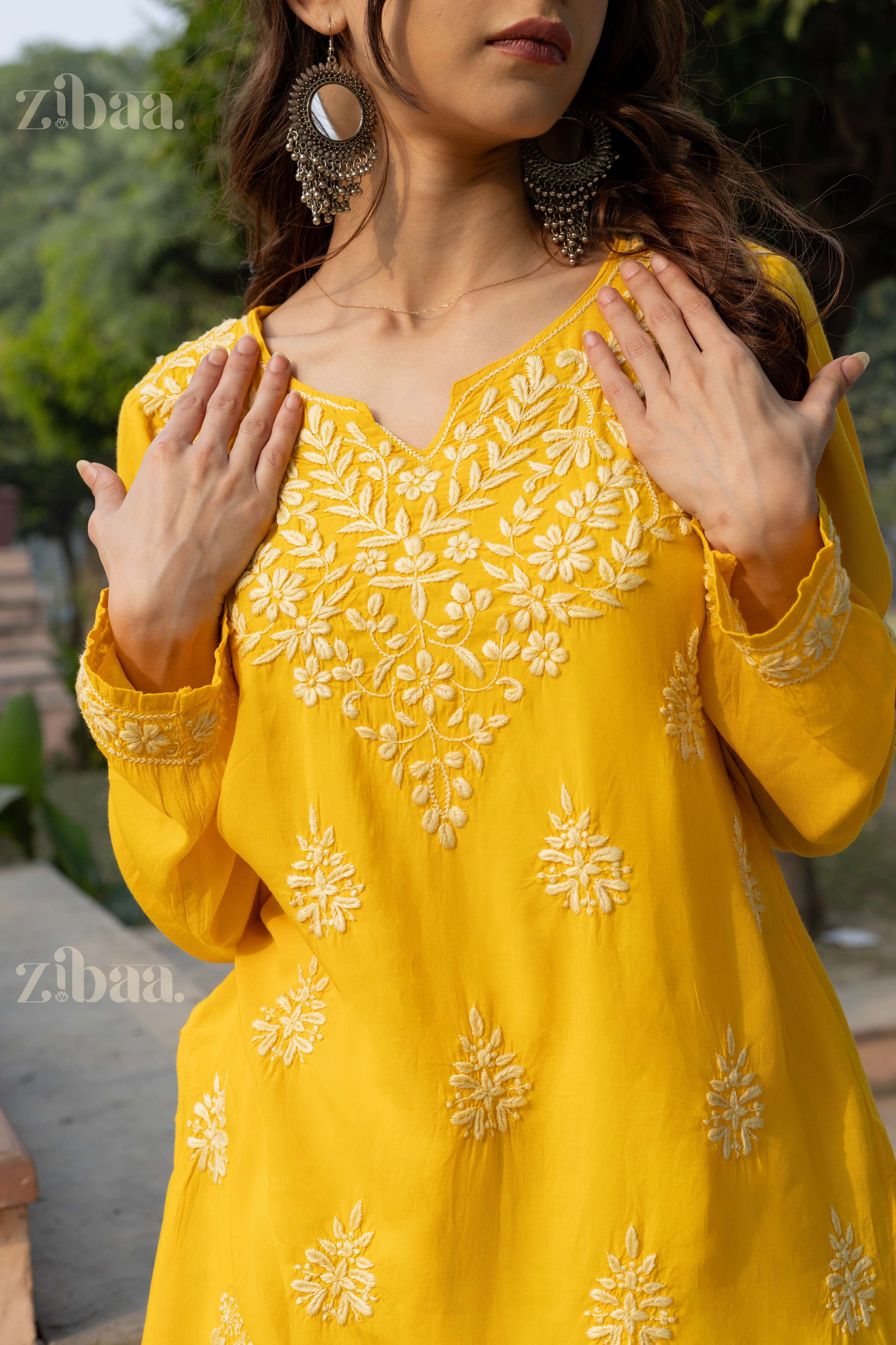 Zibaa Modal Mustard Yellow Short Chikankari Kurti