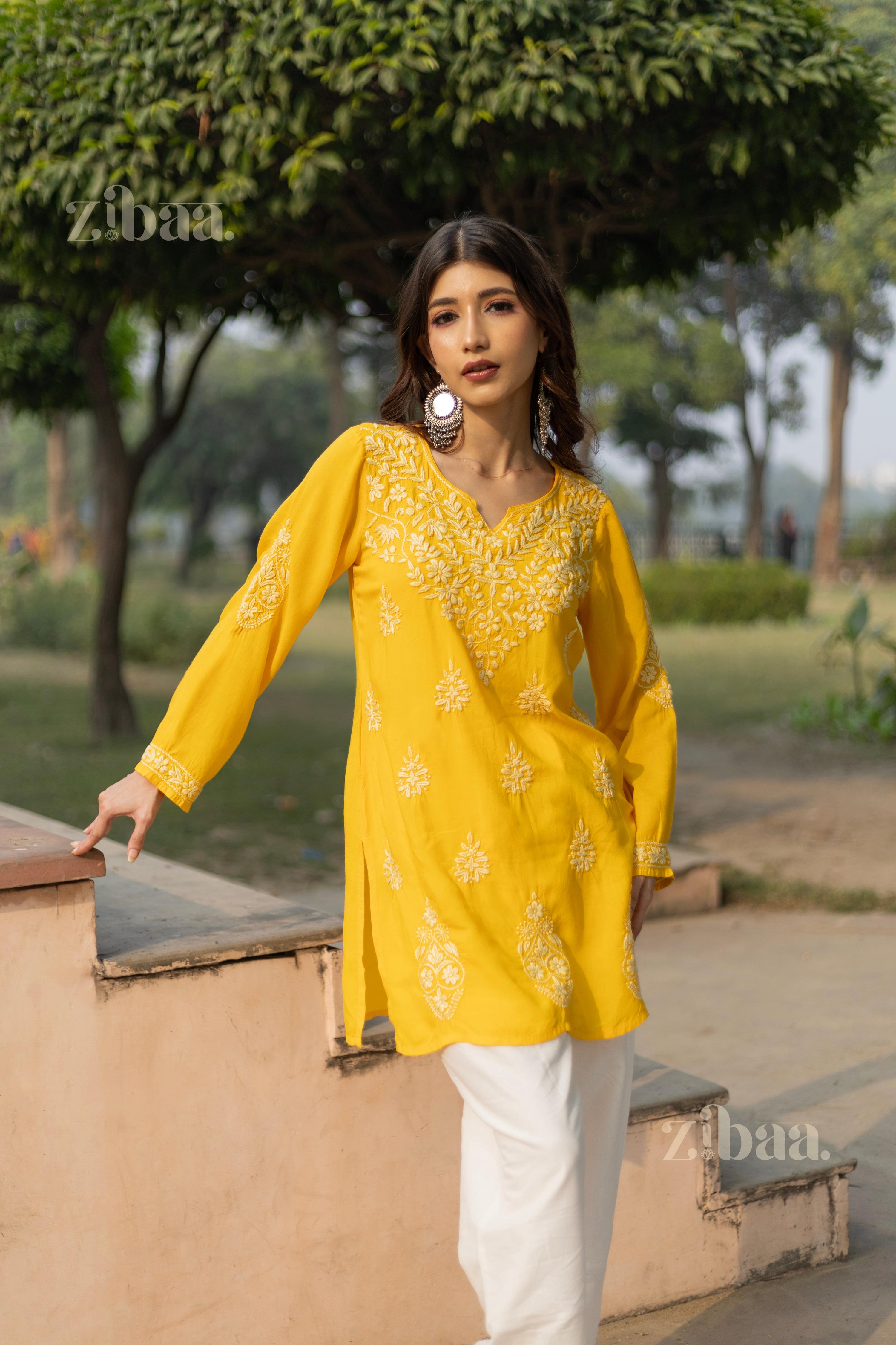 Zibaa Modal Mustard Yellow Short Chikankari Kurti