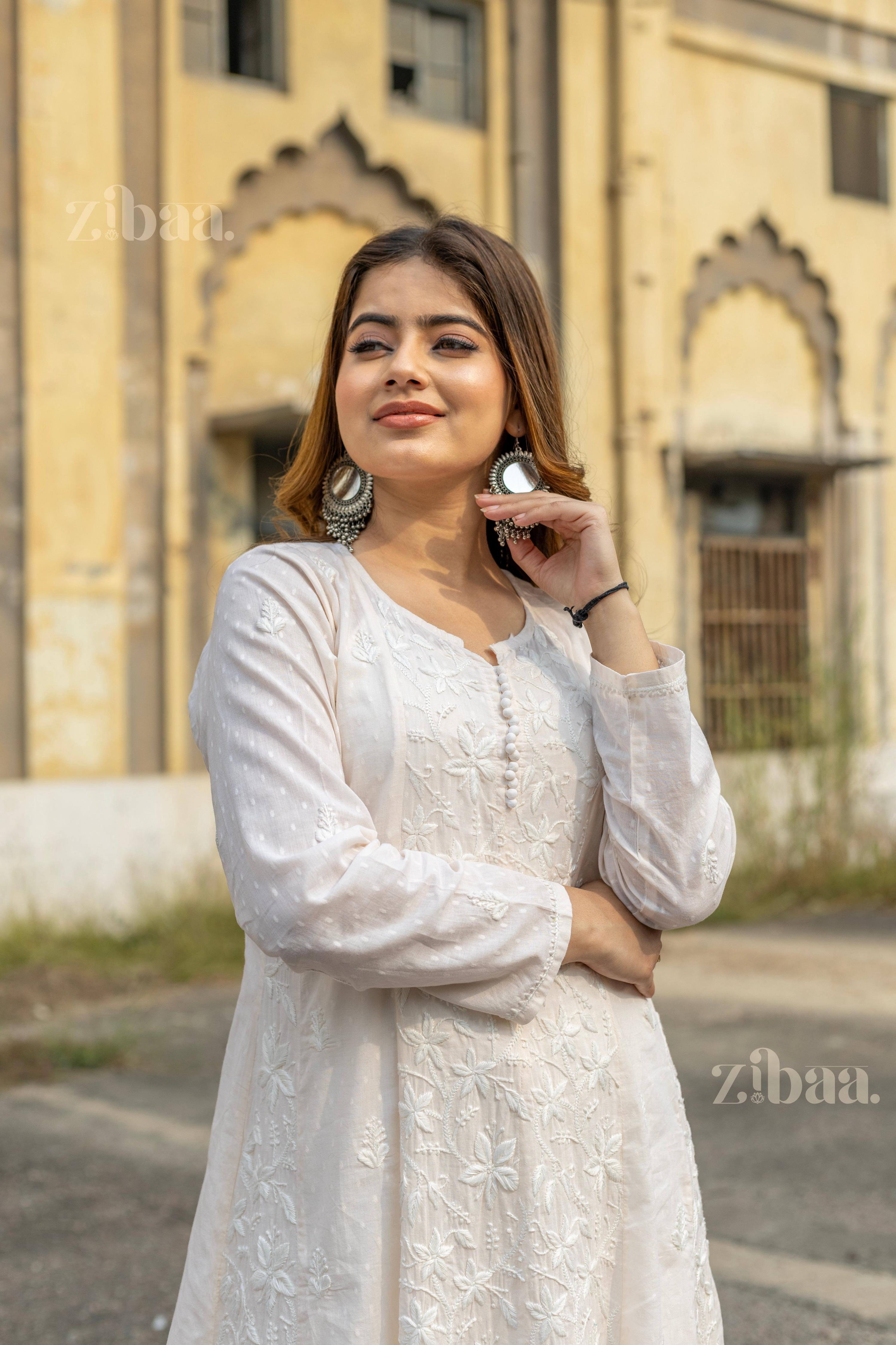 Zibaa Cotton Ivory Chikankari Anarkali