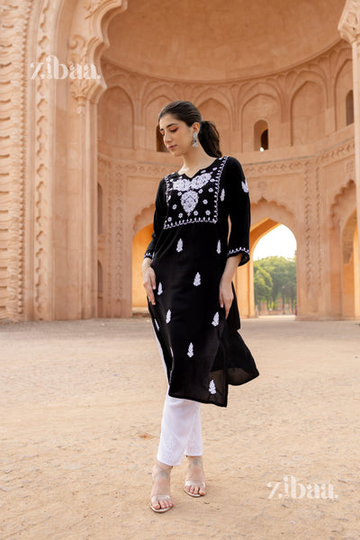 Zibaa Modal White & Black Chikankari Kurti