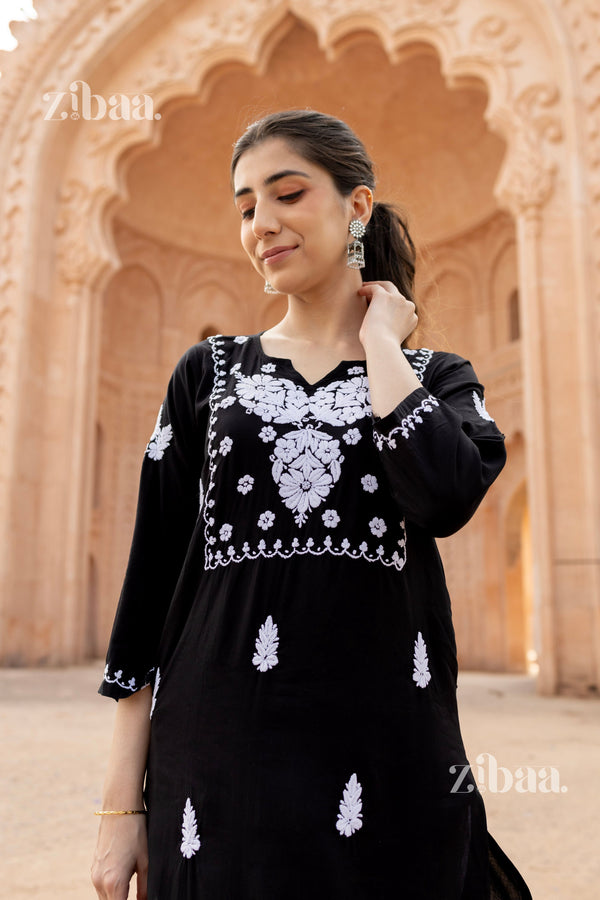 Zibaa Modal White & Black Chikankari Kurti