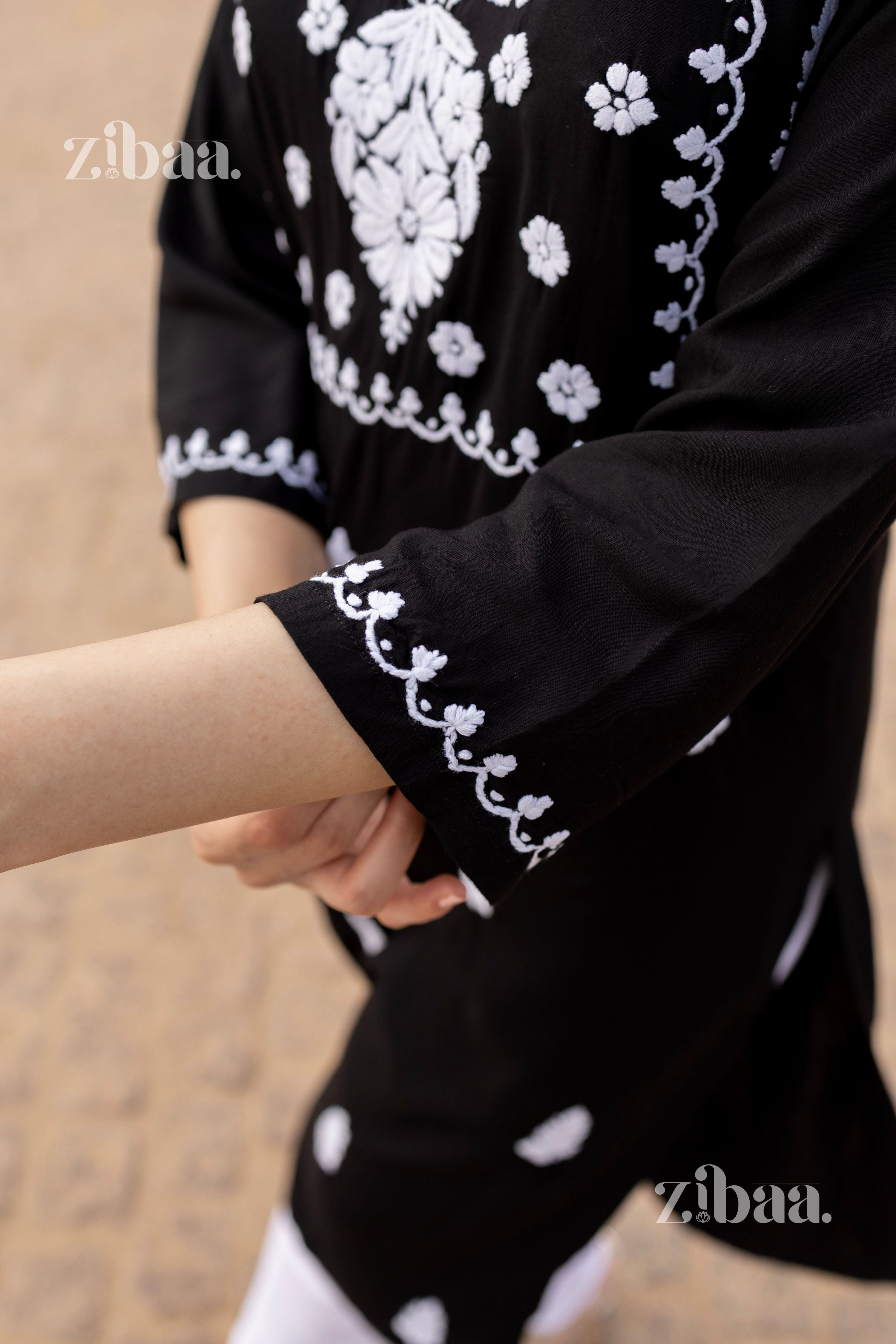 Zibaa Modal White & Black Chikankari Kurti