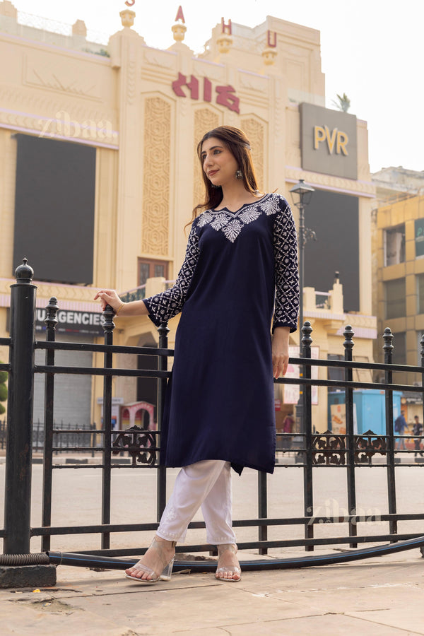Zibaa Rayon Chikankari Kurti with Jaal work
